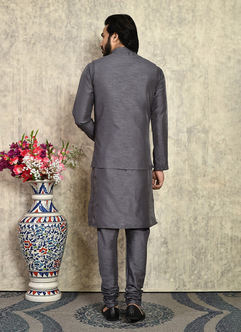 Embroidered Art Silk Grey Kurta Payjama With Jacket - M7998