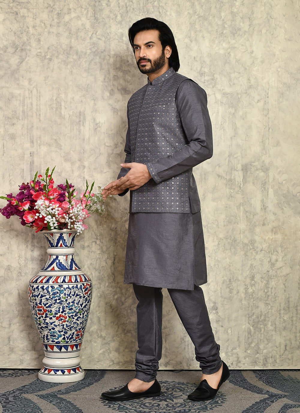 Embroidered Art Silk Grey Kurta Payjama With Jacket - M7998