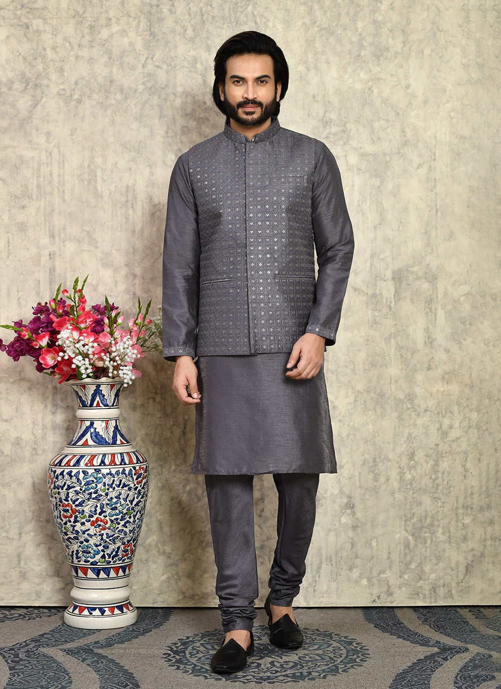 Embroidered Art Silk Grey Kurta Payjama With Jacket - M7998