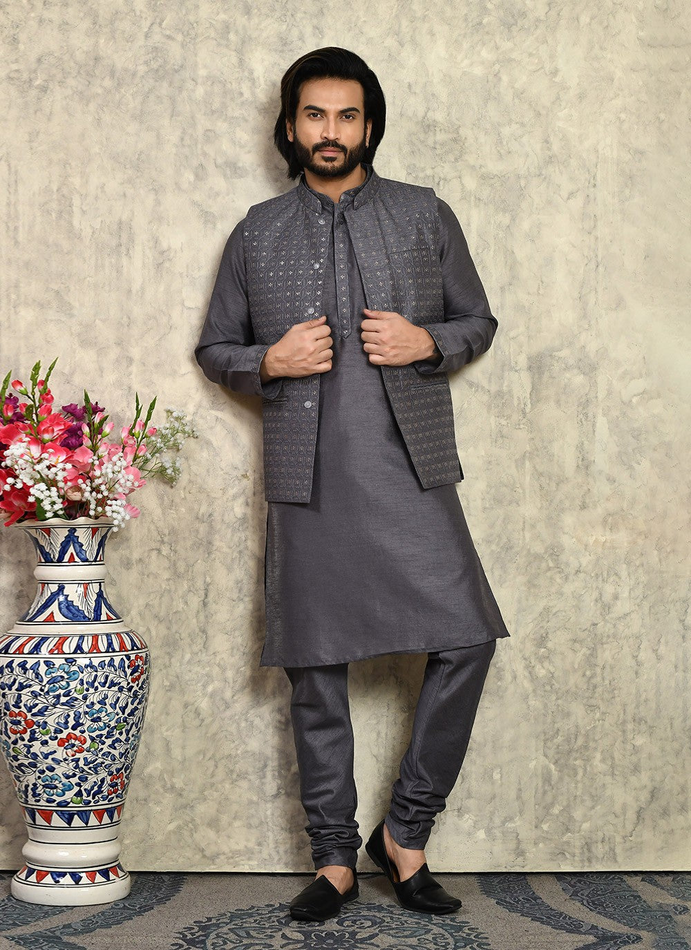 Embroidered Art Silk Grey Kurta Payjama With Jacket - M7998