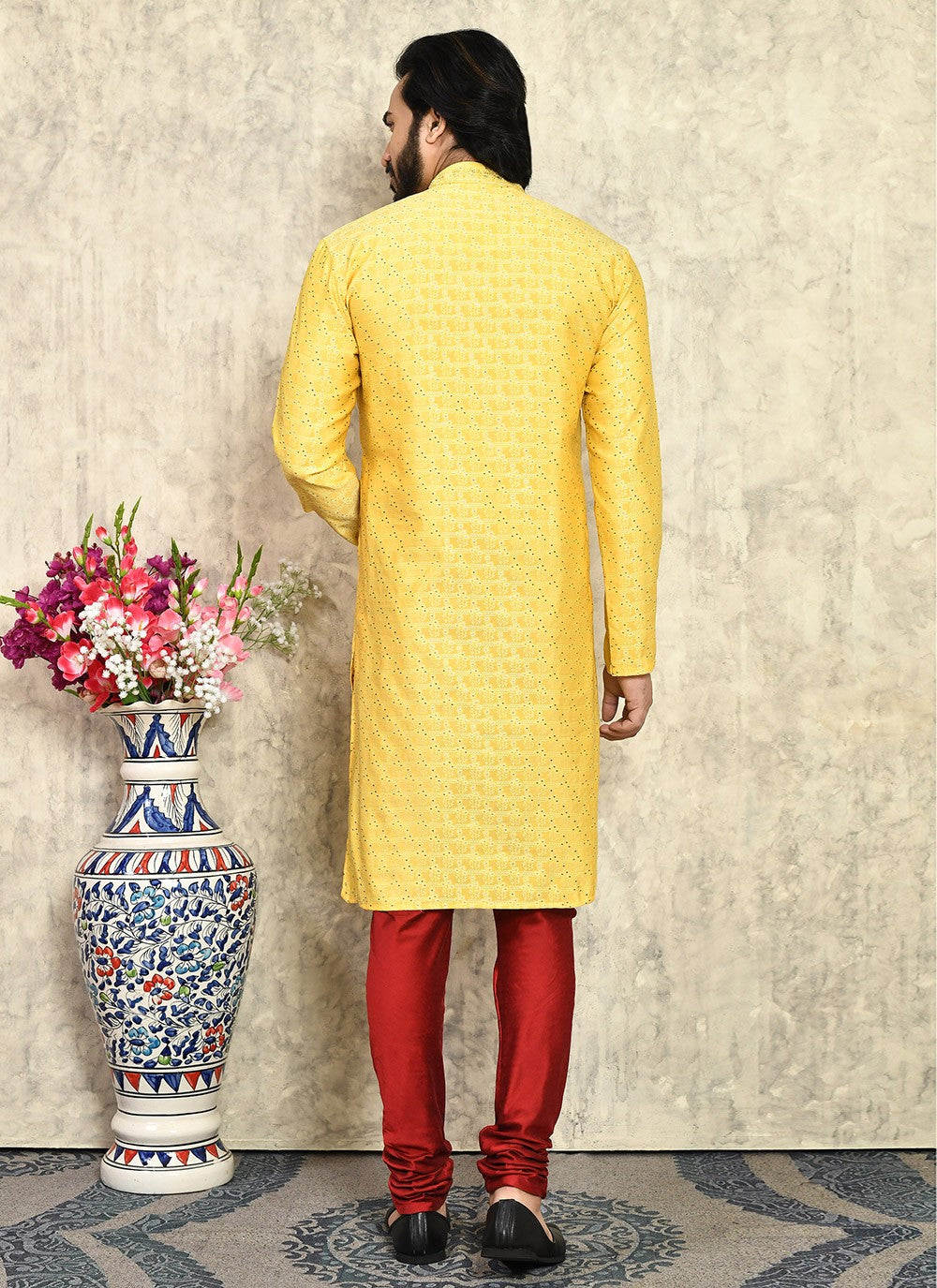 Hand Embroidery Art Silk Yellow Kurta Pyjama - M7939