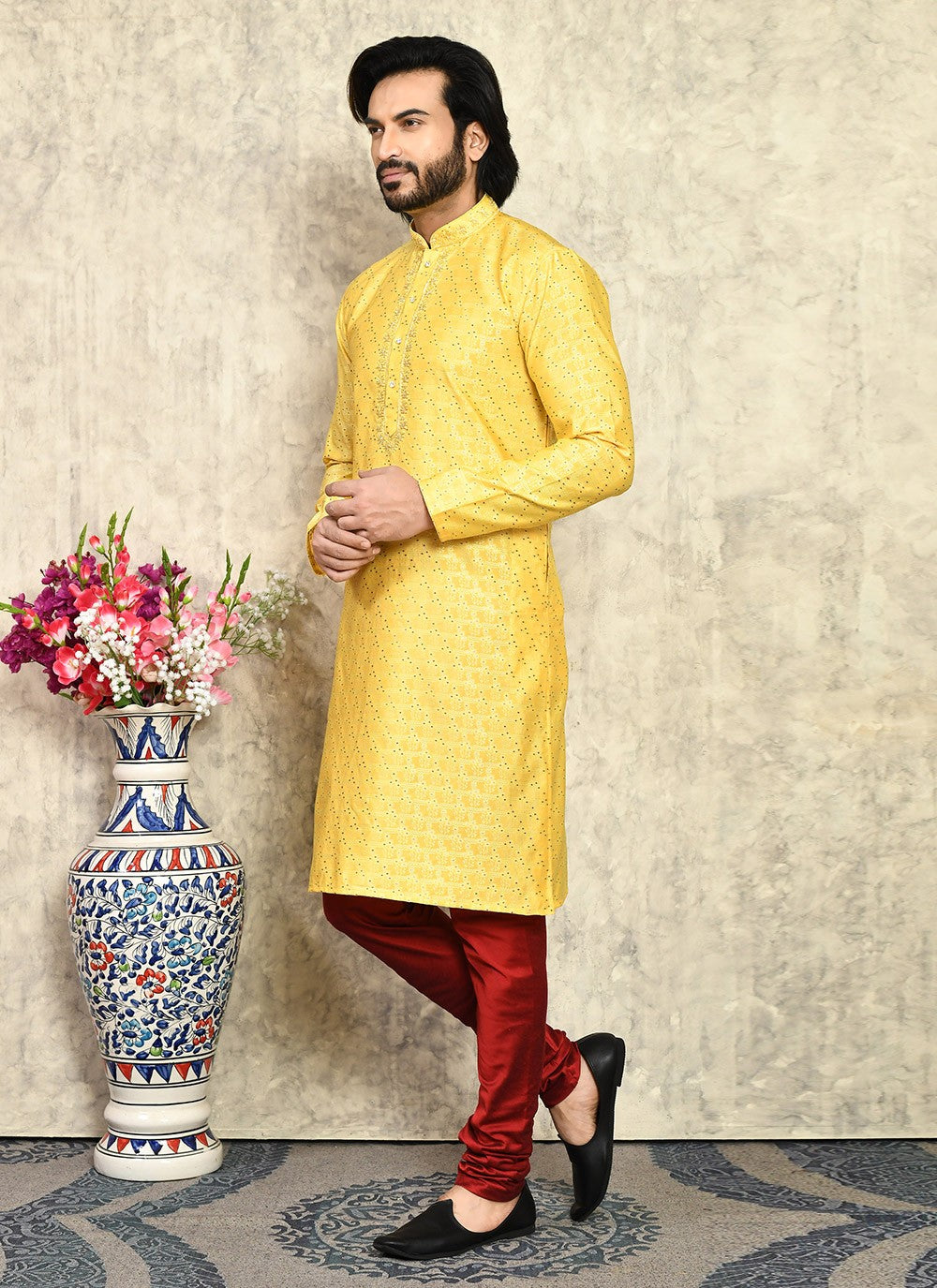 Hand Embroidery Art Silk Yellow Kurta Pyjama - M7939