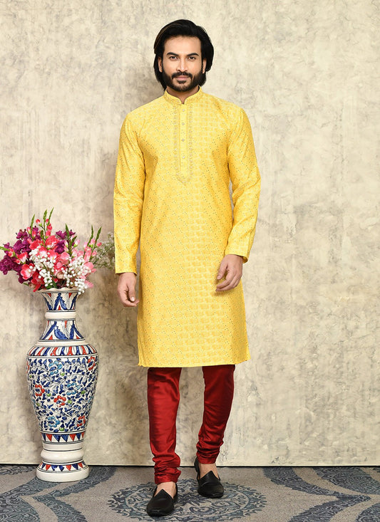 Hand Embroidery Art Silk Yellow Kurta Pyjama - M7939