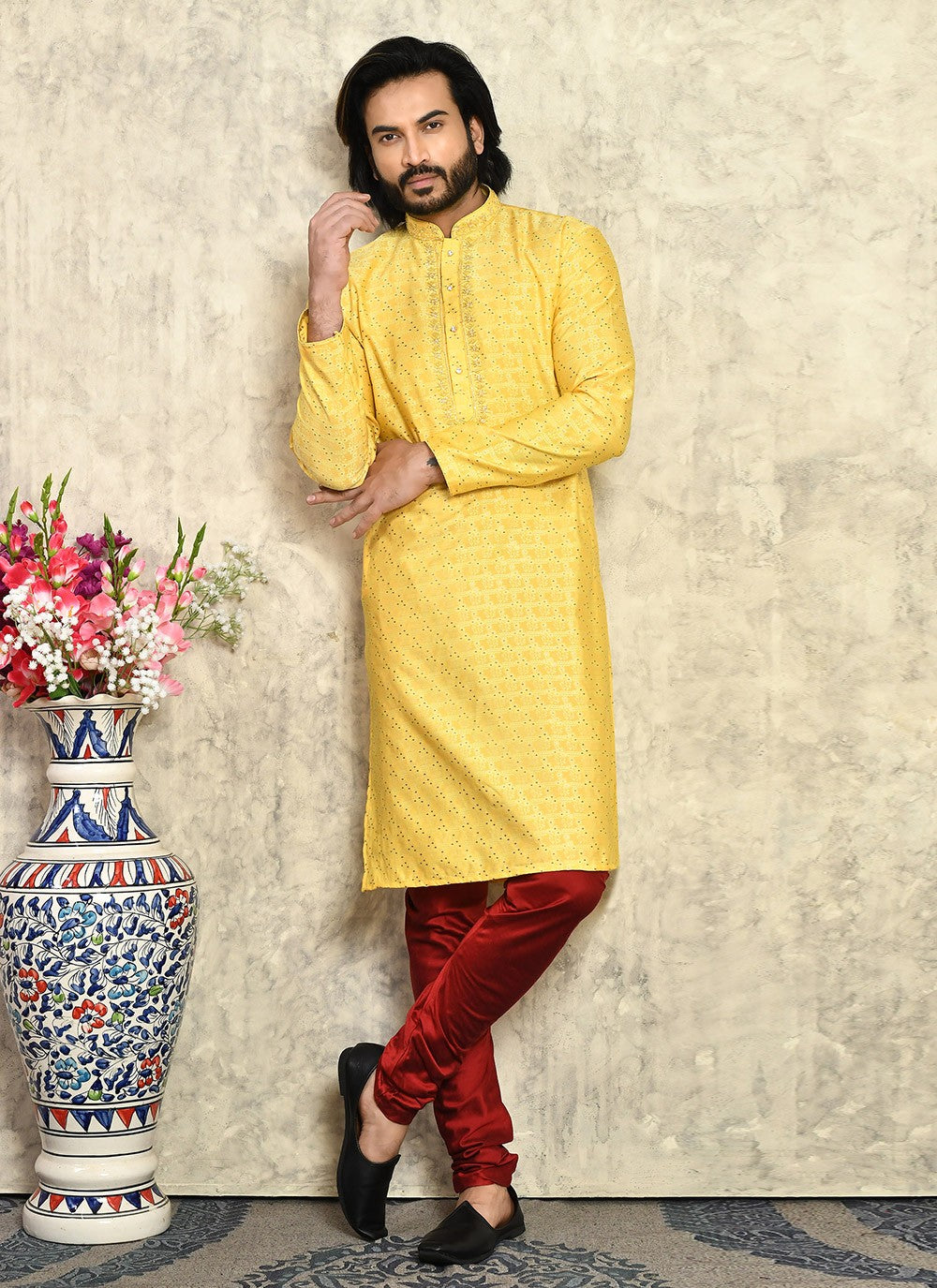 Hand Embroidery Art Silk Yellow Kurta Pyjama - M7939