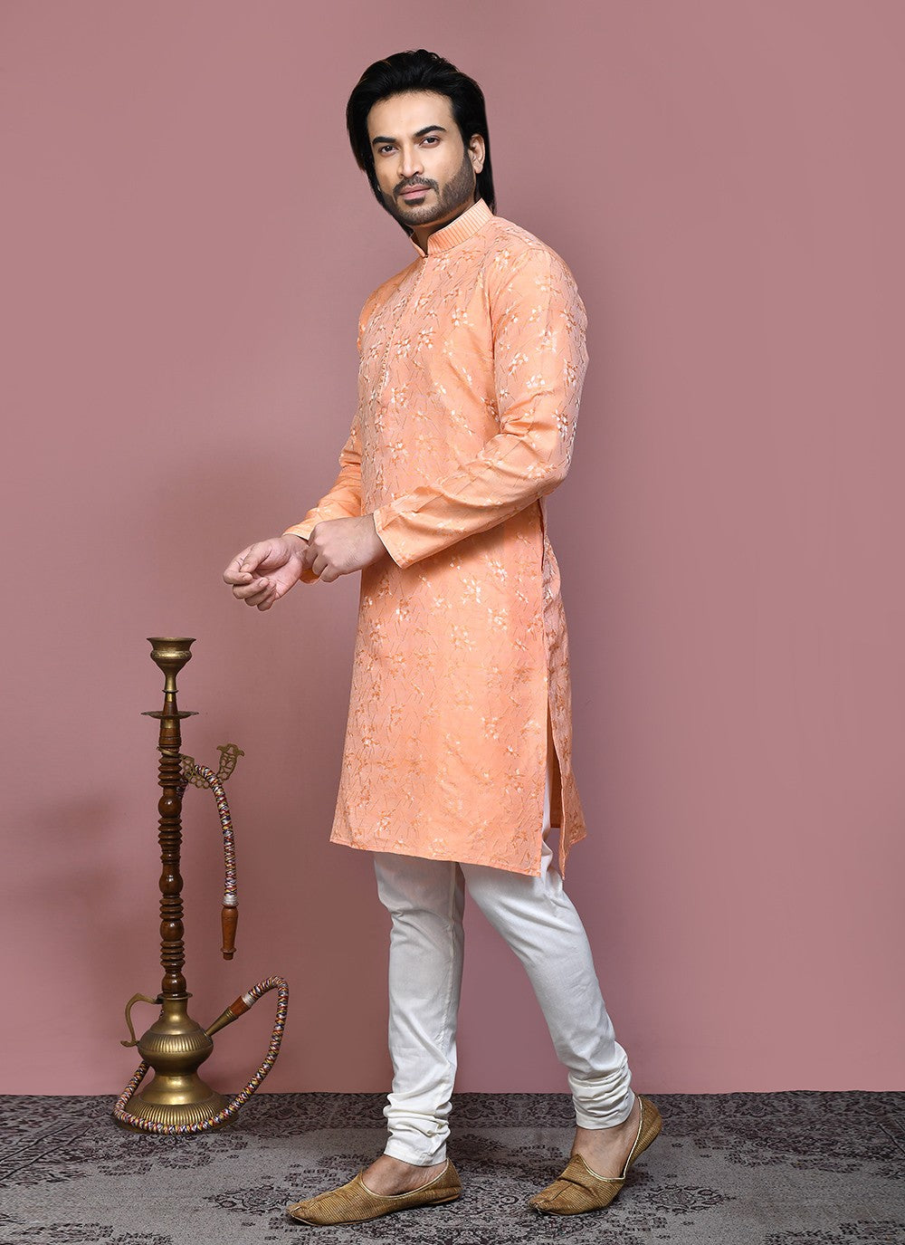 Resham Art Silk Peach Kurta Pyjama - M7872