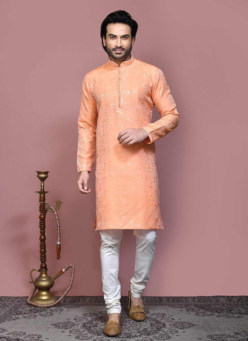 Resham Art Silk Peach Kurta Pyjama - M7872