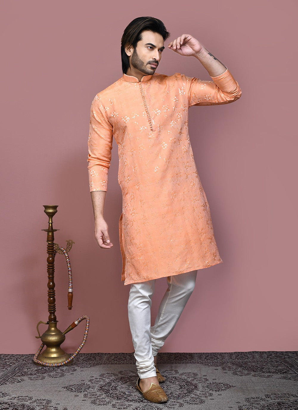 Resham Art Silk Peach Kurta Pyjama - M7872