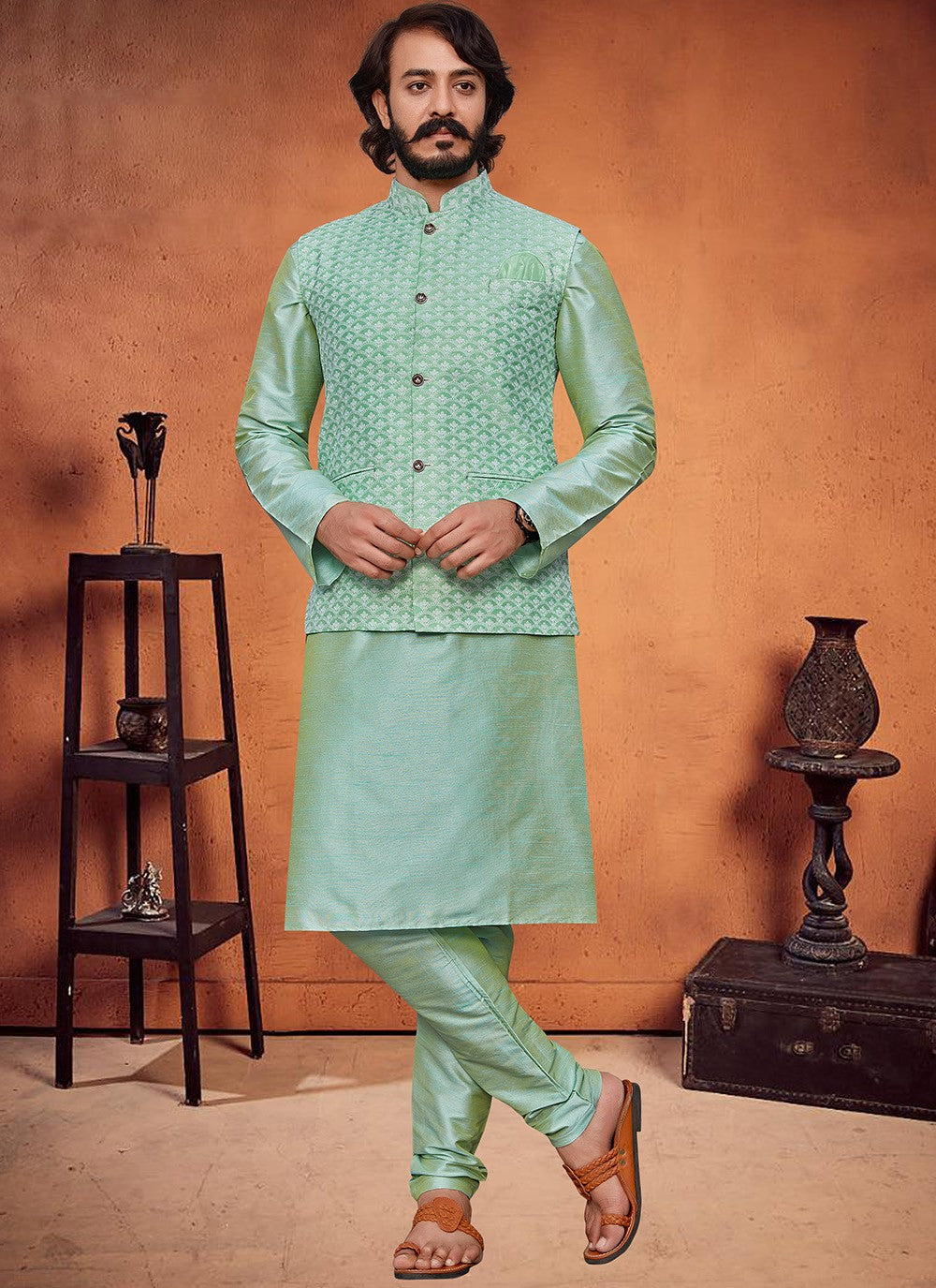 Lucknowi Work Art Silk Sea Green Kurta Payjama With Jacket - M2028