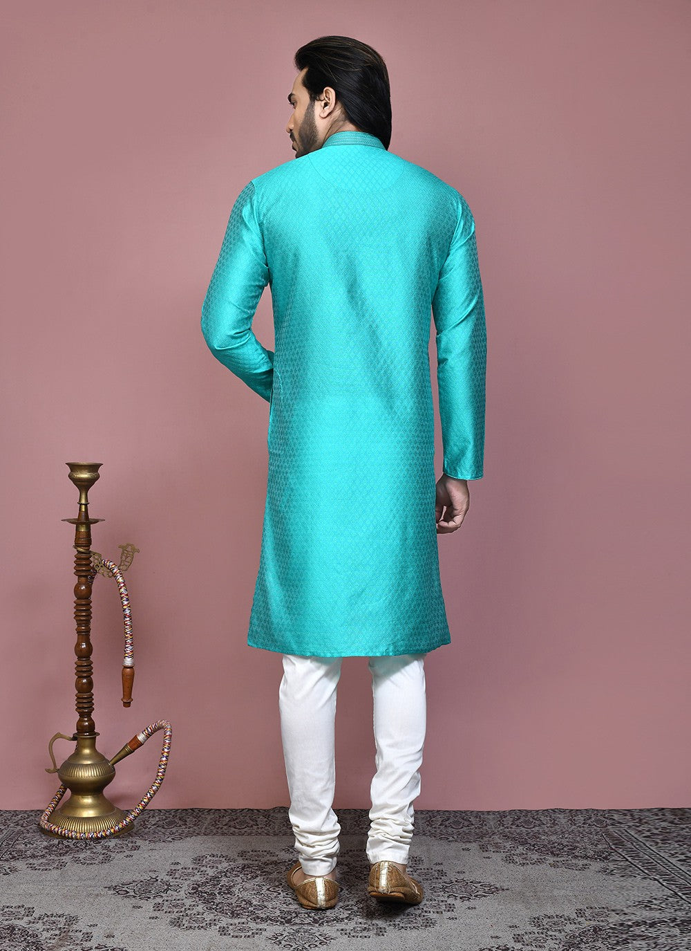 Resham Art Silk Sea Green Kurta Pyjama - M7869