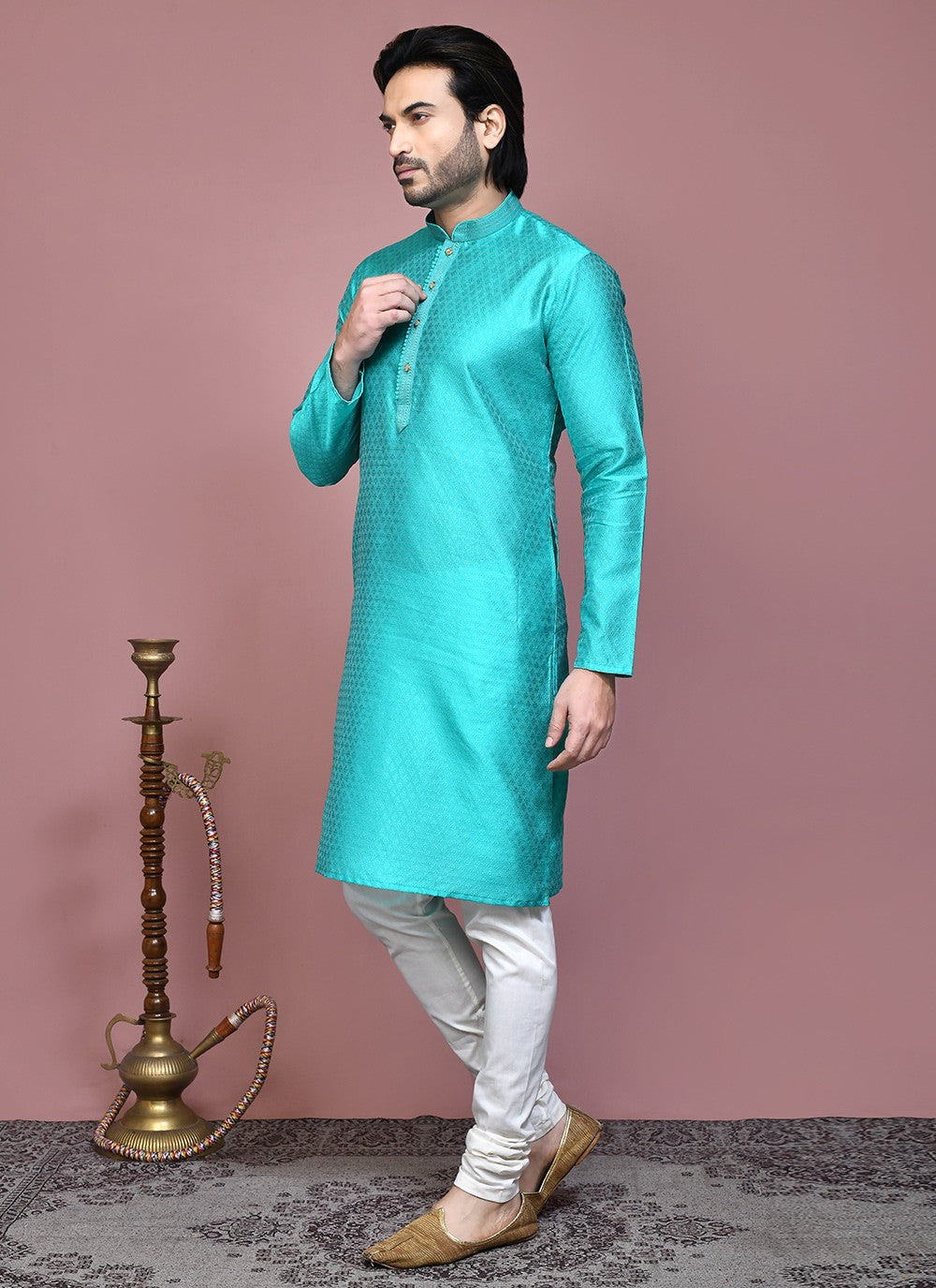 Resham Art Silk Sea Green Kurta Pyjama - M7869