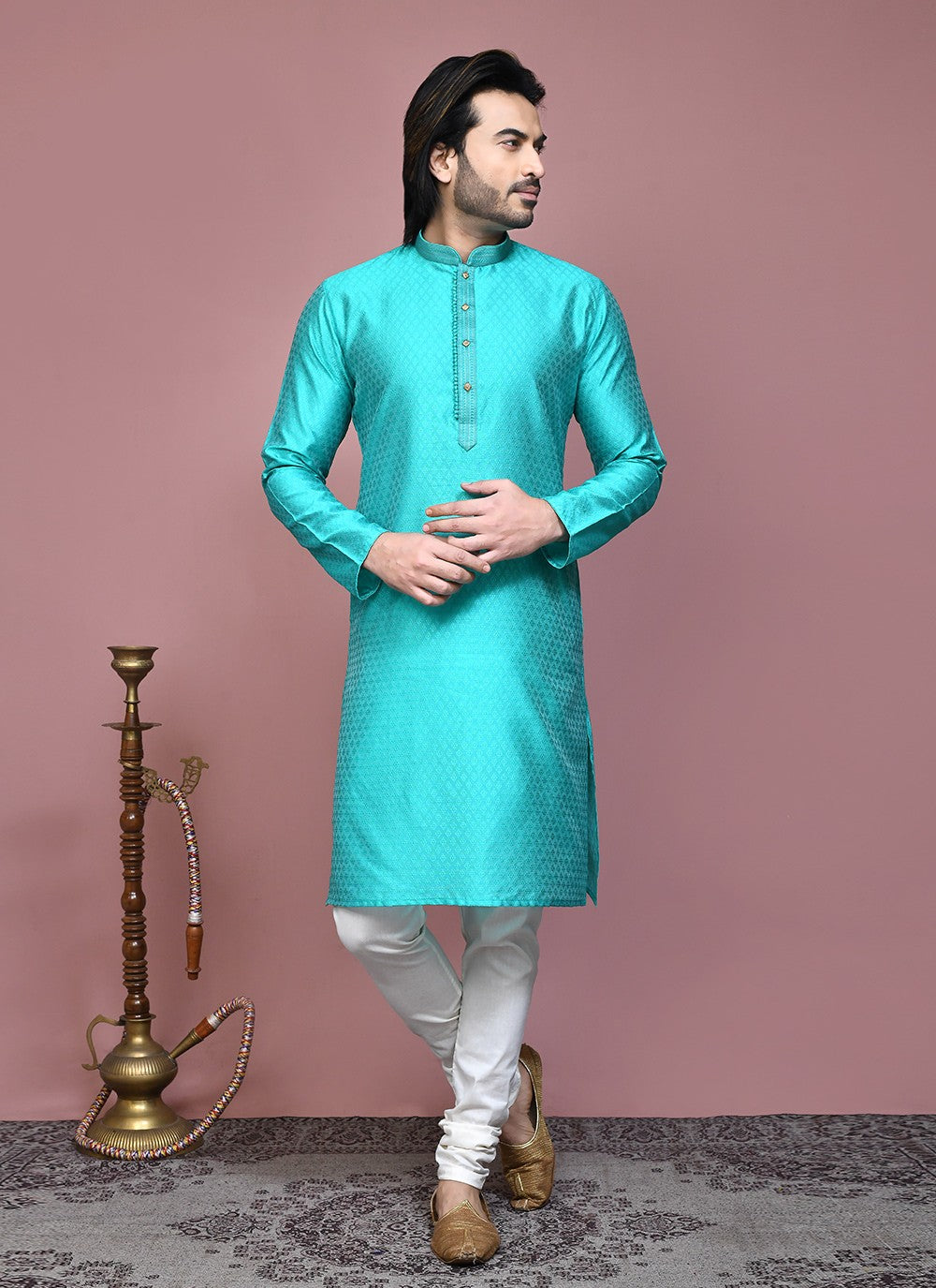 Resham Art Silk Sea Green Kurta Pyjama - M7869