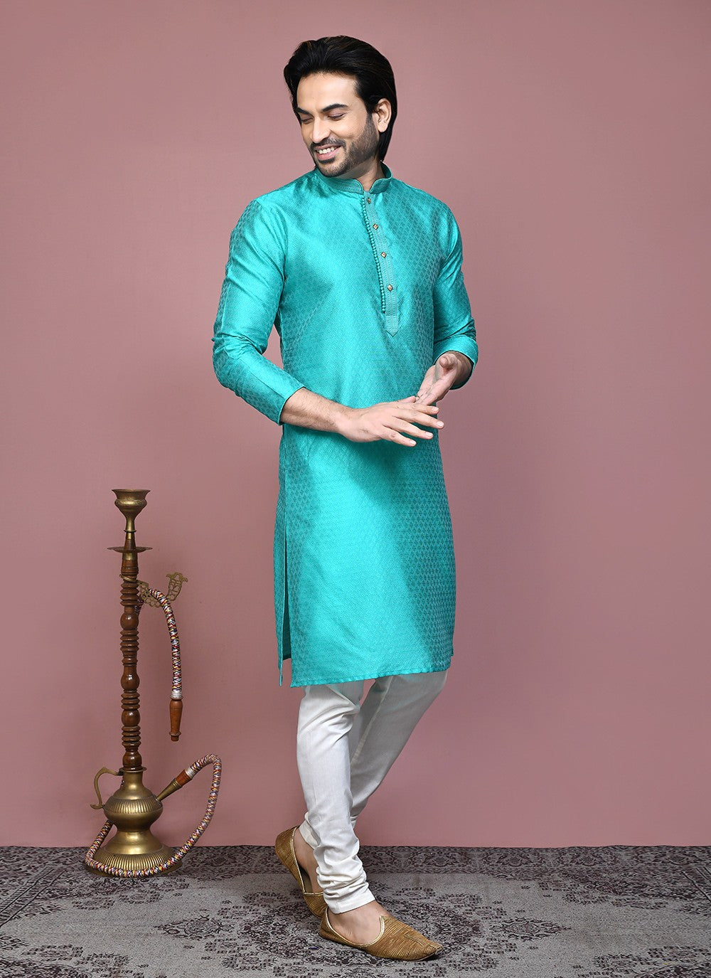 Resham Art Silk Sea Green Kurta Pyjama - M7869