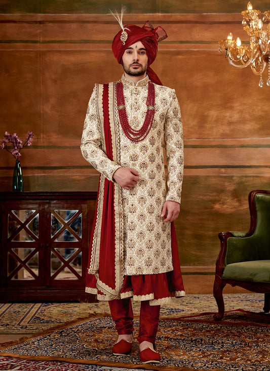 Hand Embroidery Art Silk Cream Sherwani - M4301