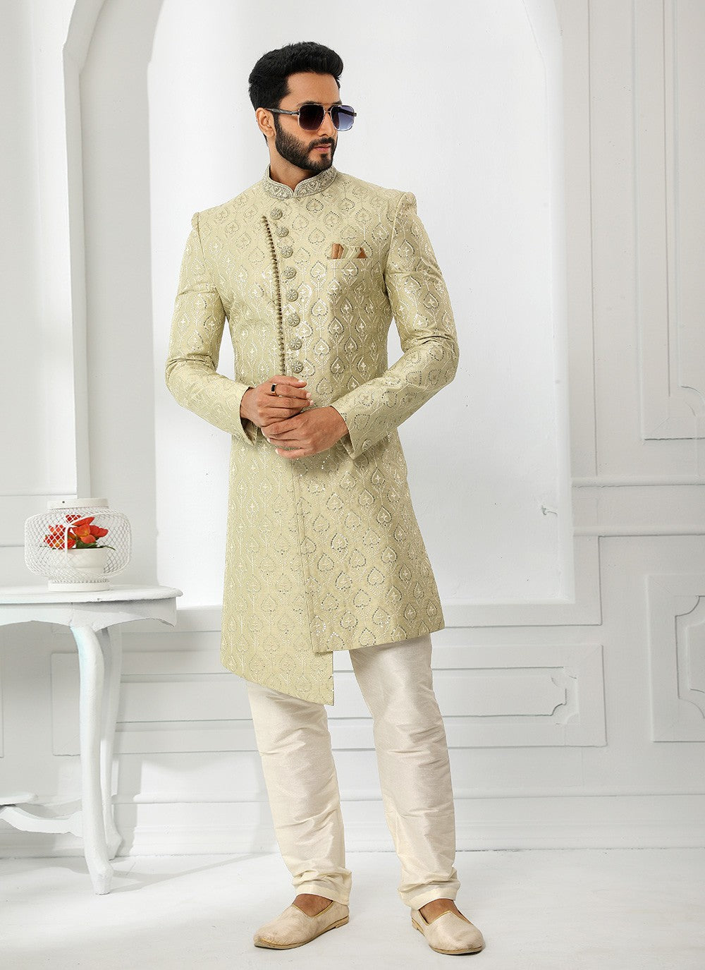 Machine Embroidery Art Silk Green Sherwani - M4135