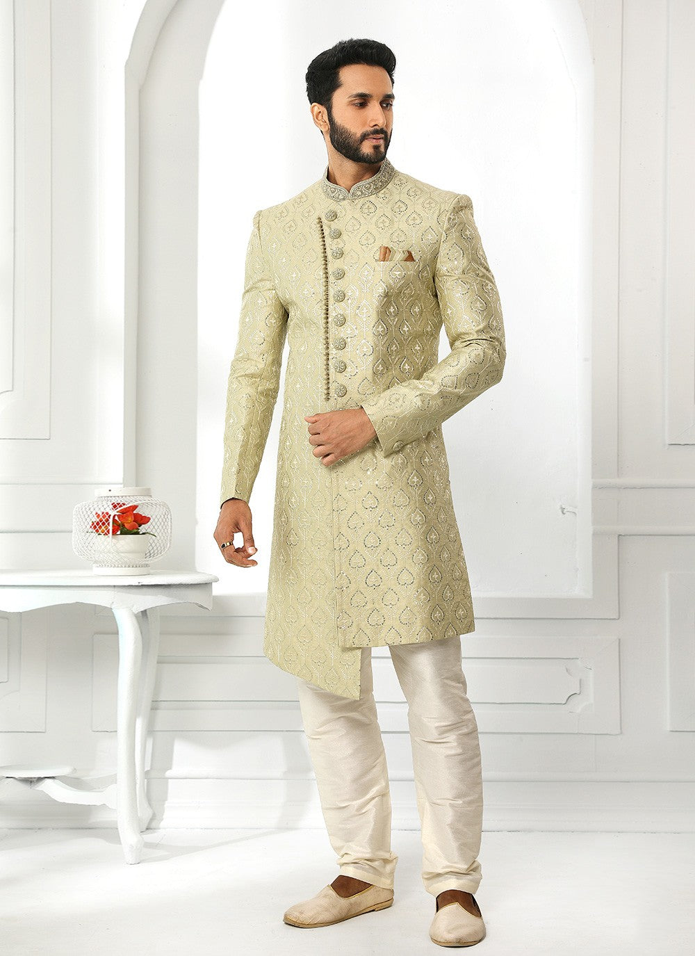 Machine Embroidery Art Silk Green Sherwani - M4135