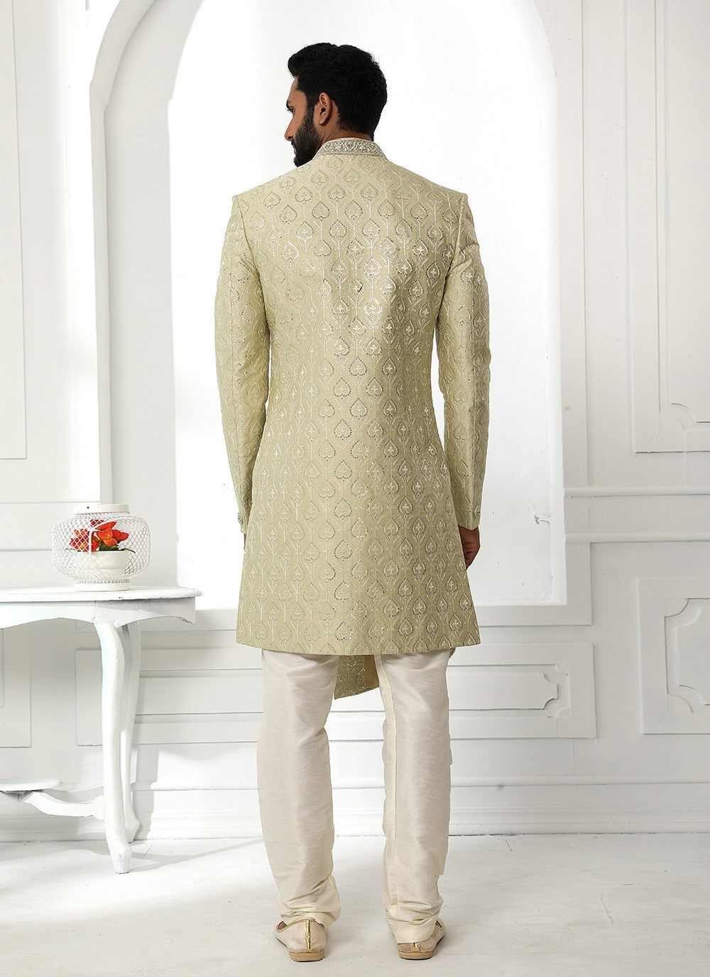 Machine Embroidery Art Silk Green Sherwani - M4135