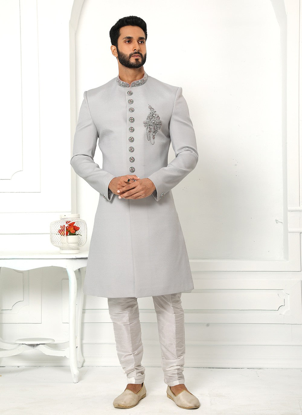 Embroidered Art Silk Grey Sherwani - M4131