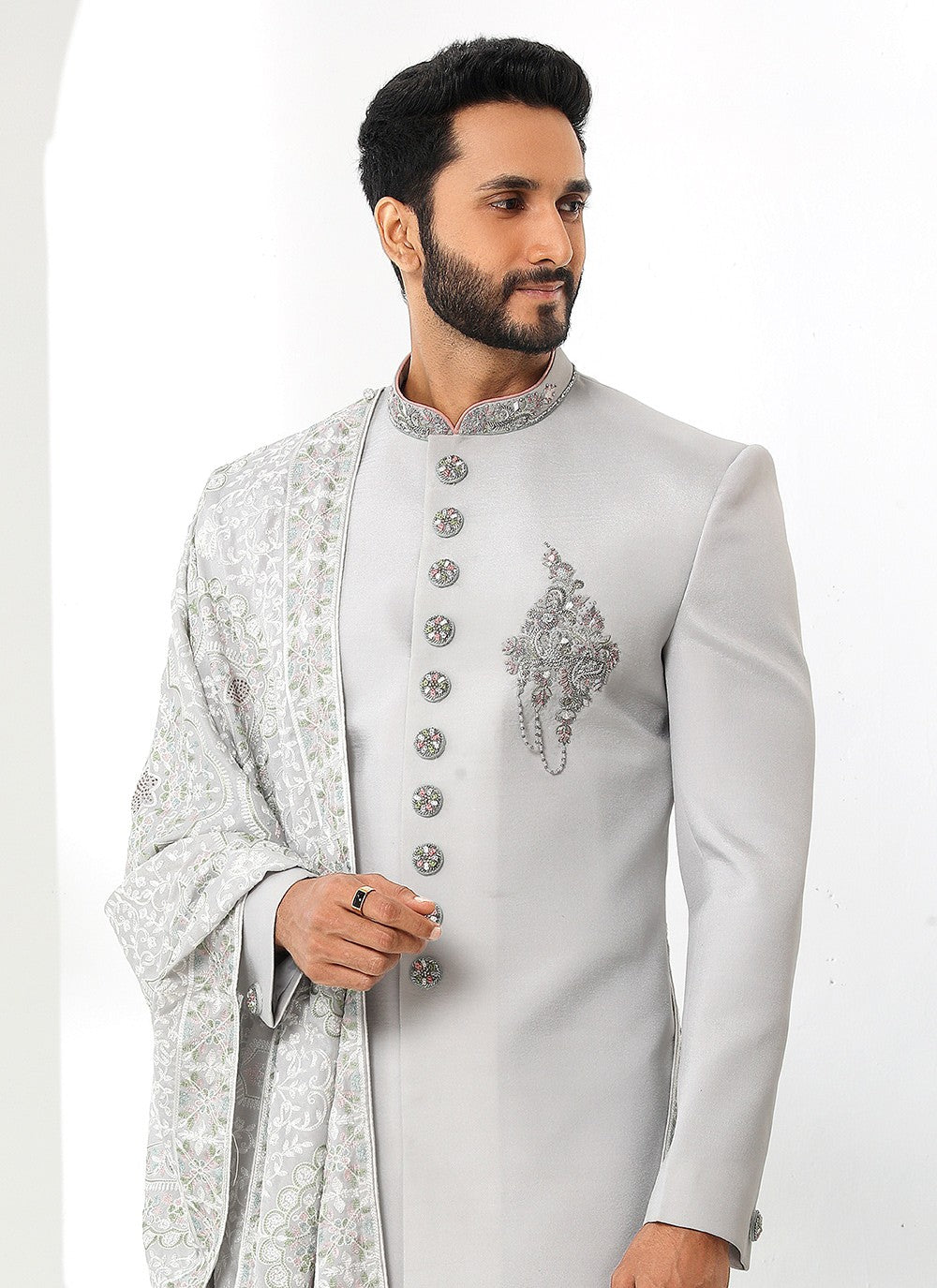 Embroidered Art Silk Grey Sherwani - M4131