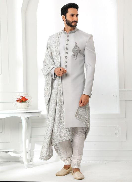 Embroidered Art Silk Grey Sherwani - M4131