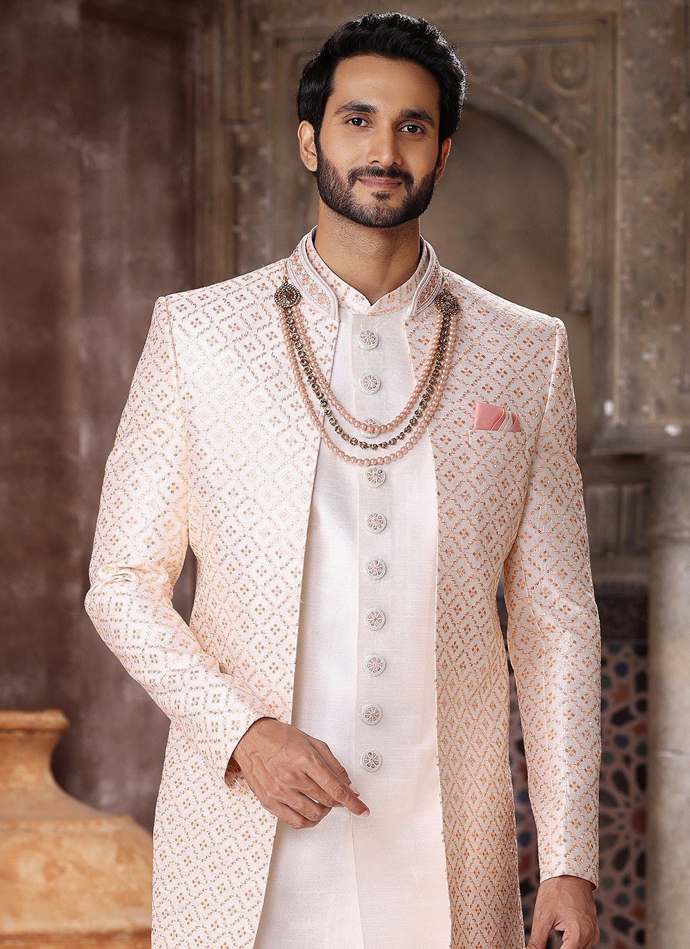 Embroidered Art Silk Cream, Peach Indo Western - M5264