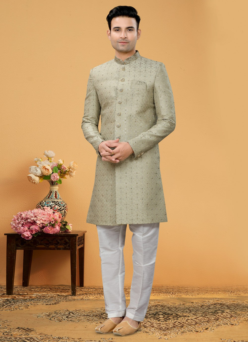 Hand Embroidery Art Silk Green Indo Western Sherwani - M5113