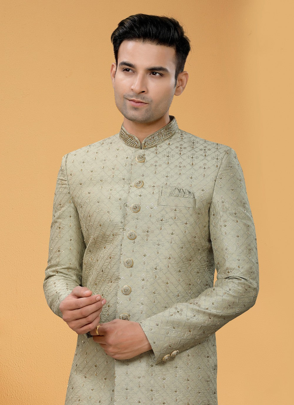 Hand Embroidery Art Silk Green Indo Western Sherwani - M5113