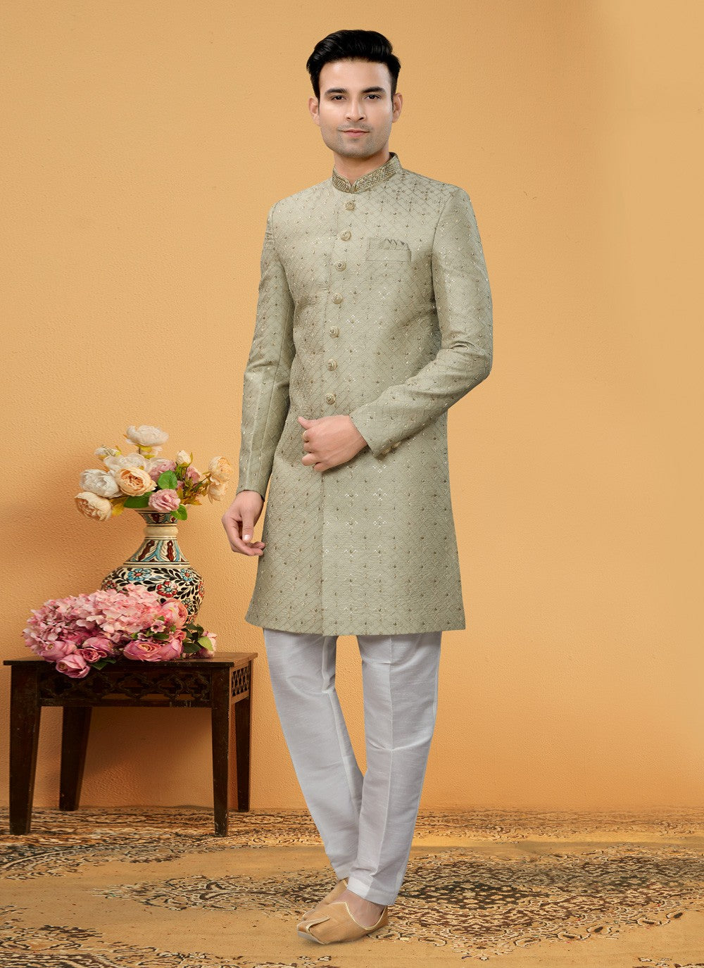 Hand Embroidery Art Silk Green Indo Western Sherwani - M5113