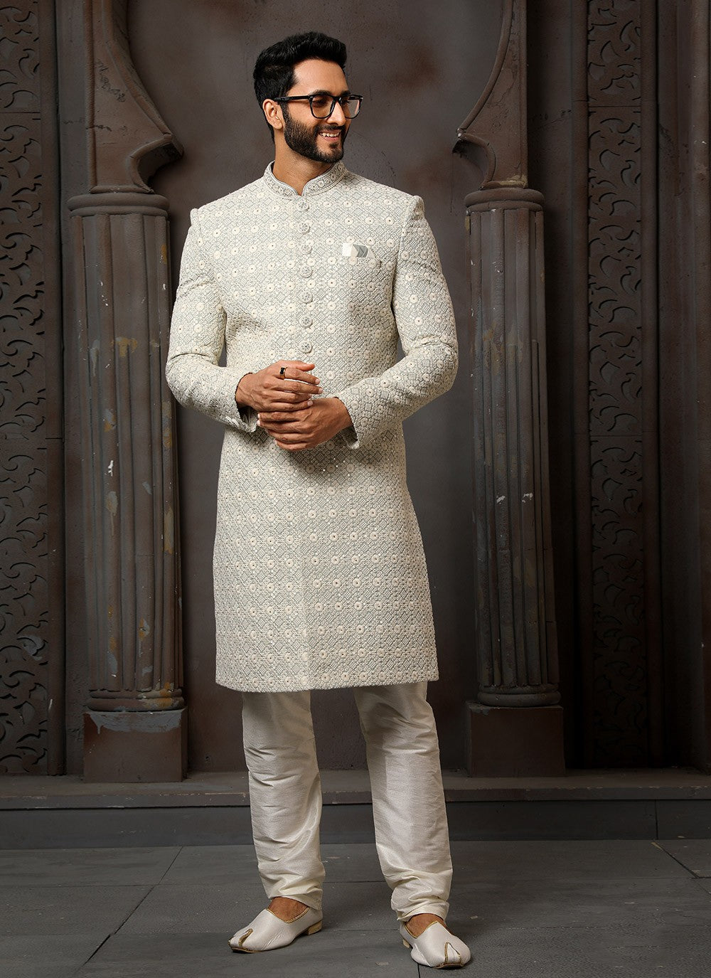 Machine Embroidery Art Silk Off White Sherwani - M4121