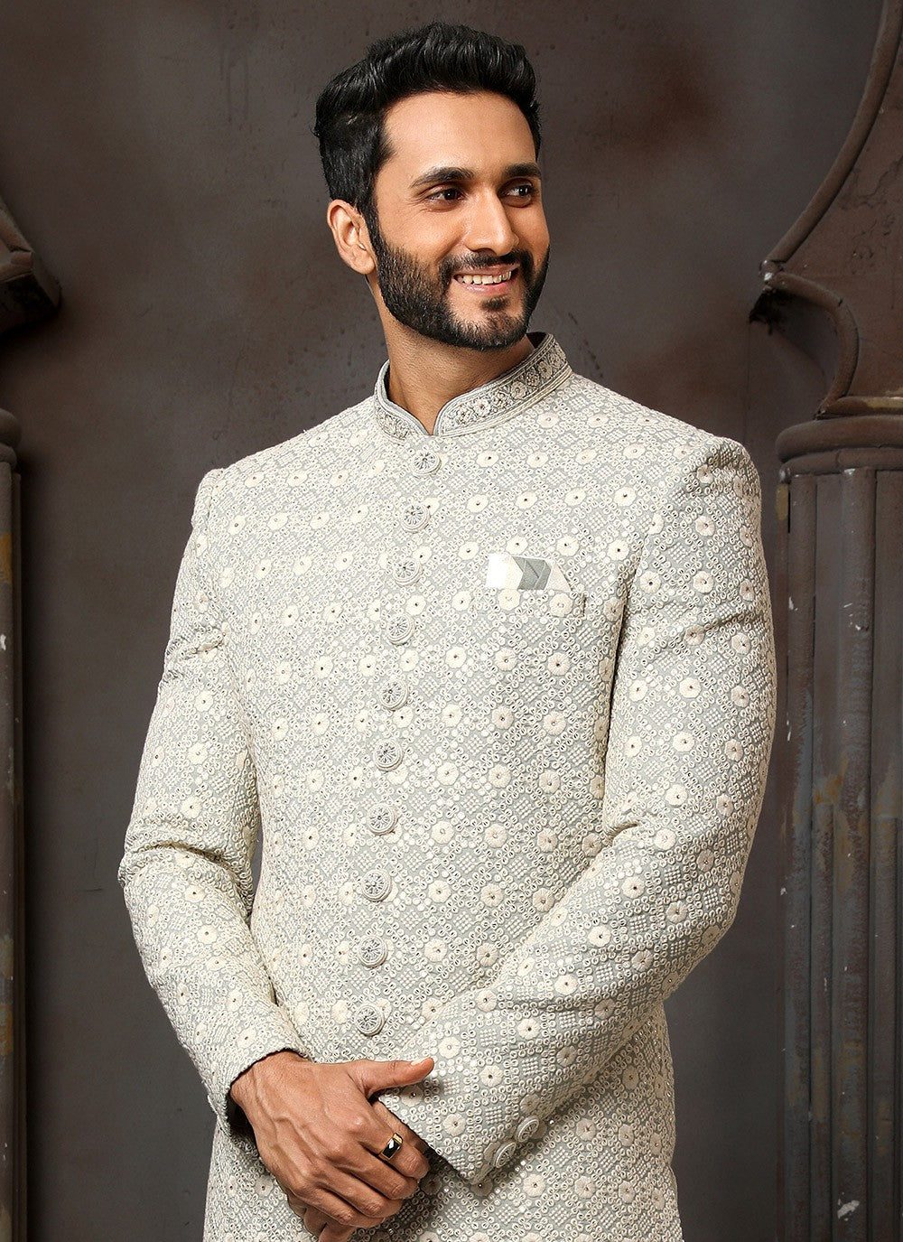 Machine Embroidery Art Silk Off White Sherwani - M4121