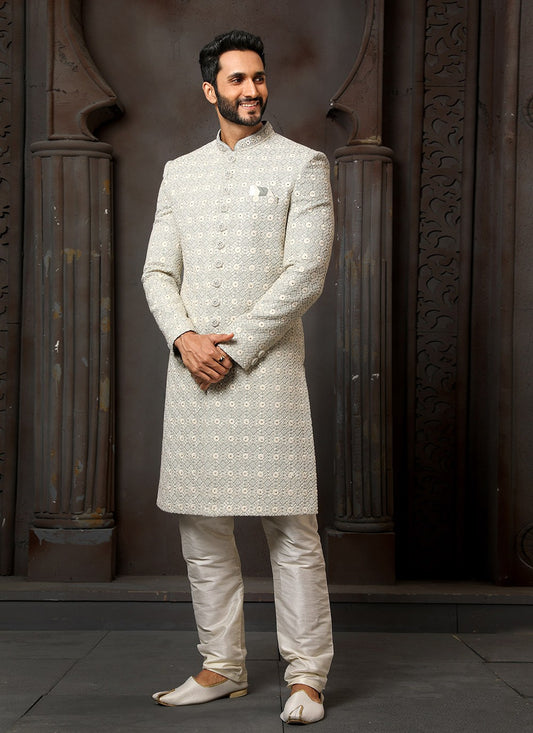 Machine Embroidery Art Silk Off White Sherwani - M4121