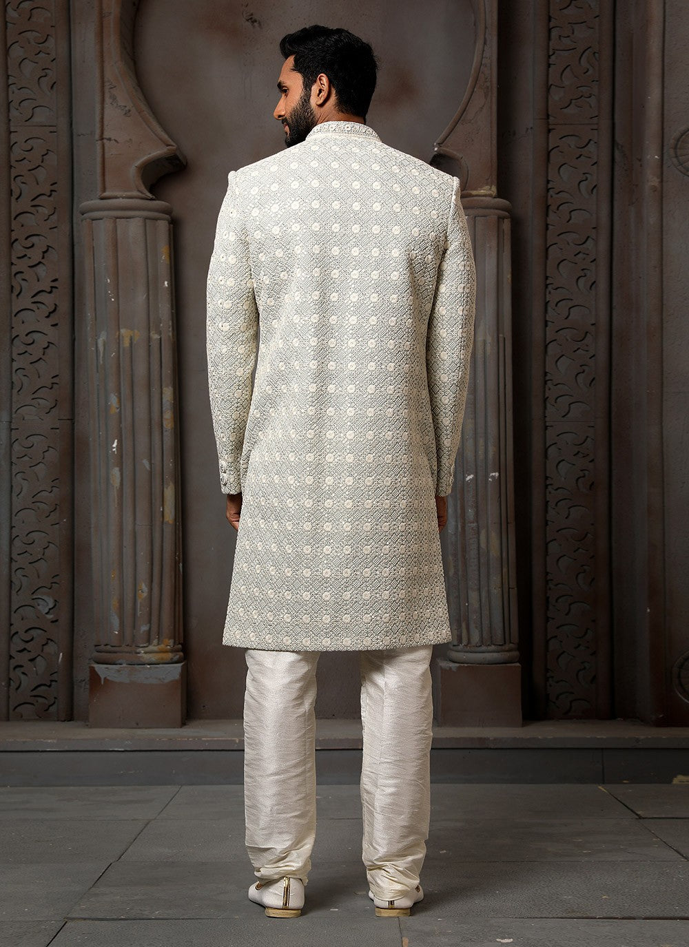 Machine Embroidery Art Silk Off White Sherwani - M4121