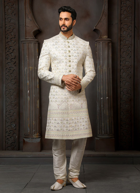 Machine Embroidery Art Silk Cream Sherwani - M4119