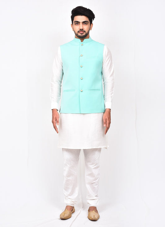 Buttons Art Silk, Rayon Turquoise, White Kurta Payjama With Jacket - M3262