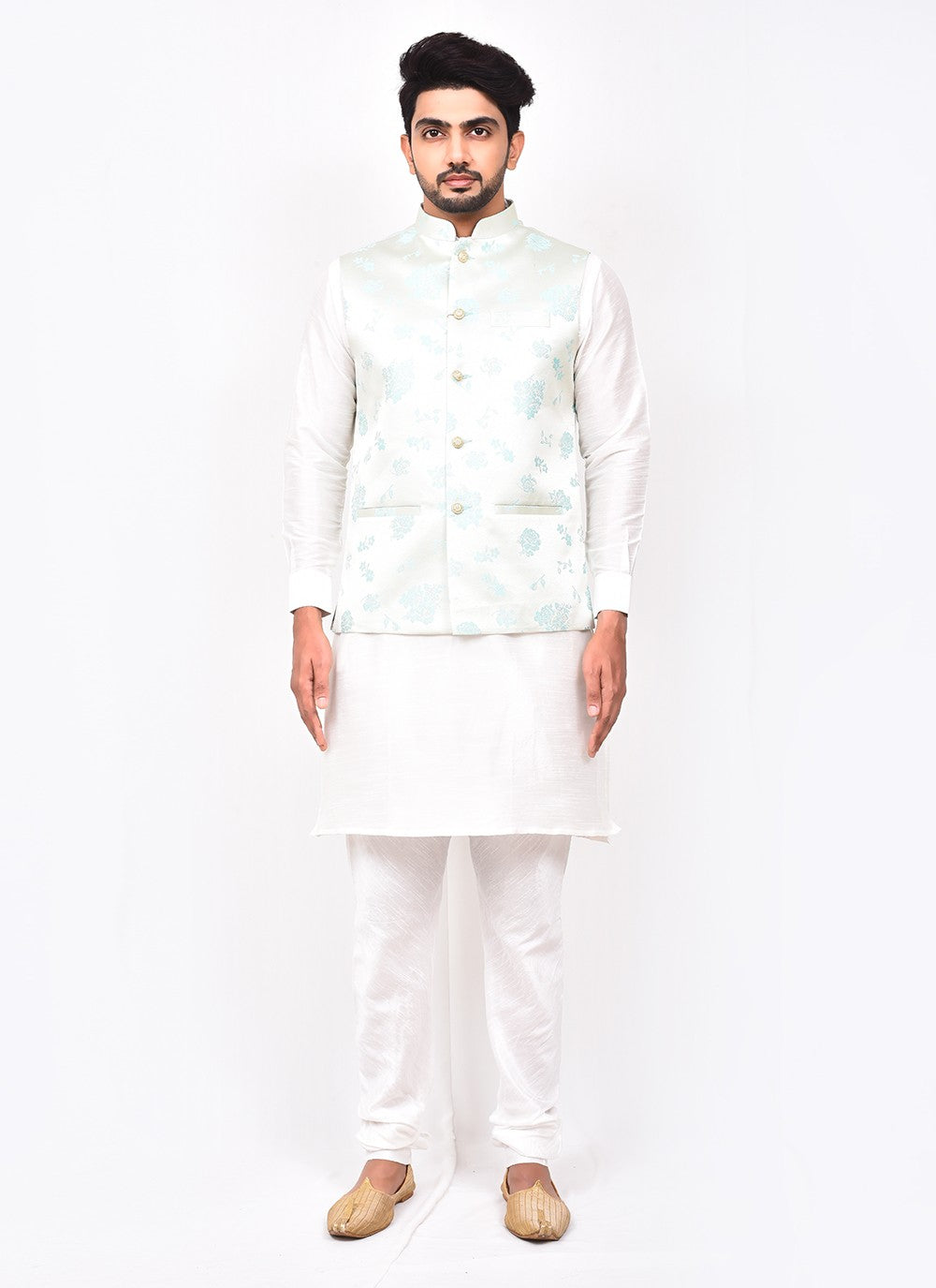 Buttons Art Silk, Jacquard White Kurta Payjama With Jacket - M3263