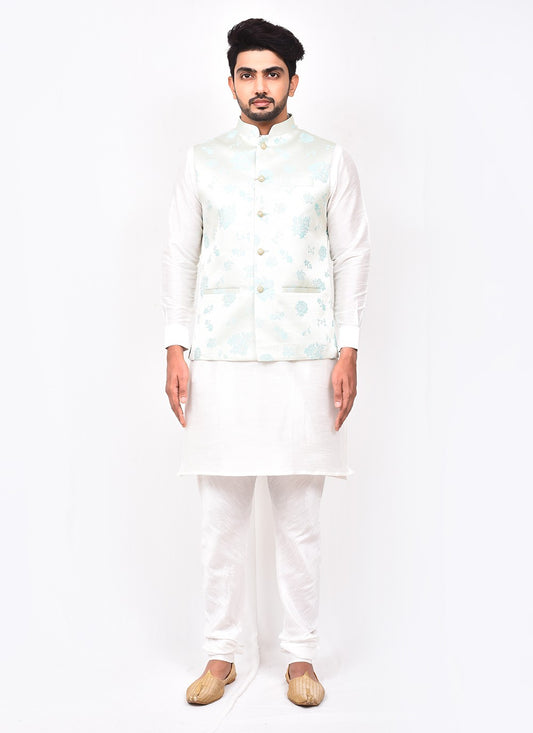 Buttons Art Silk, Jacquard White Kurta Payjama With Jacket - M3263