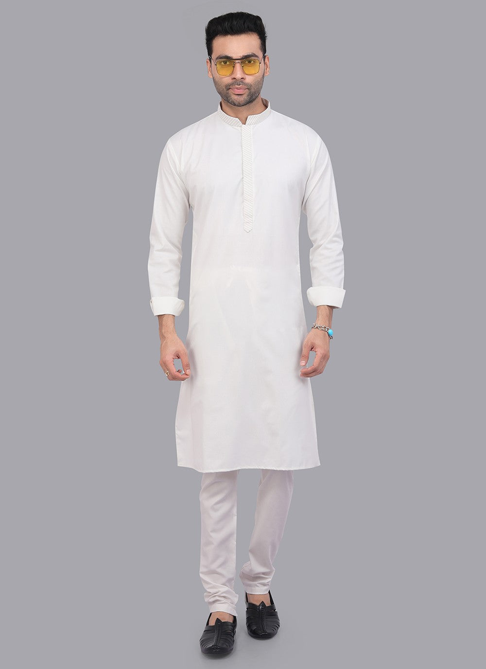 Plain Art Silk White Kurta Pyjama - M6727