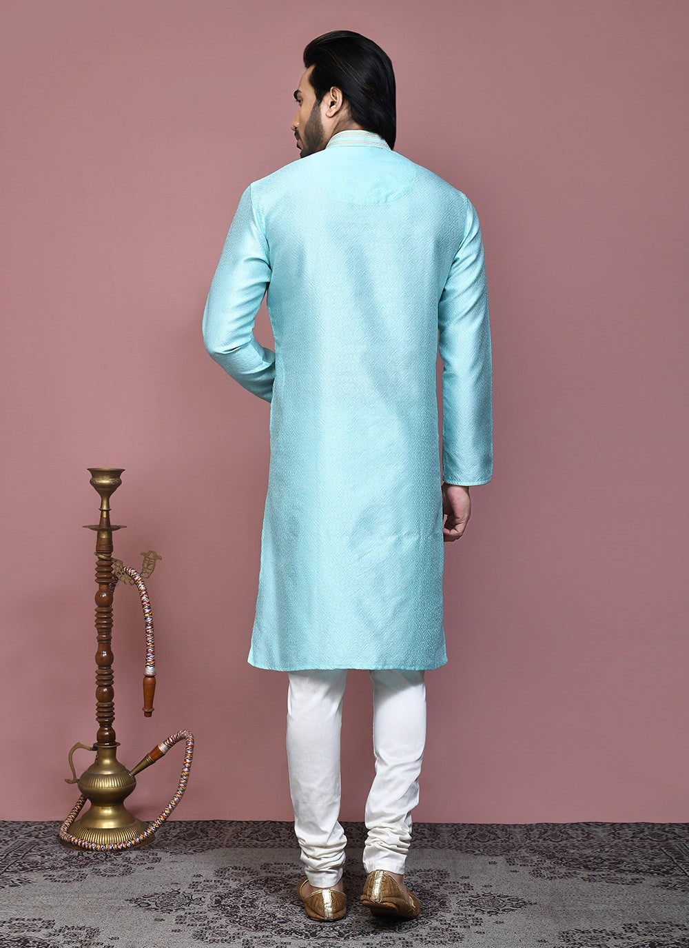 Resham Art Silk Aqua Blue Kurta Pyjama - M7870