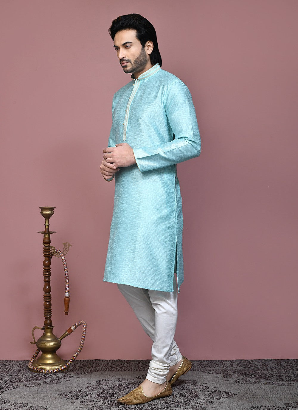 Resham Art Silk Aqua Blue Kurta Pyjama - M7870