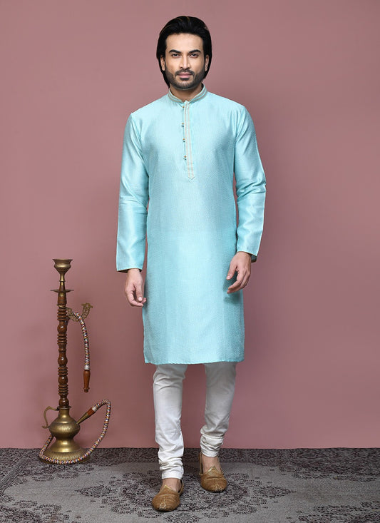 Resham Art Silk Aqua Blue Kurta Pyjama - M7870