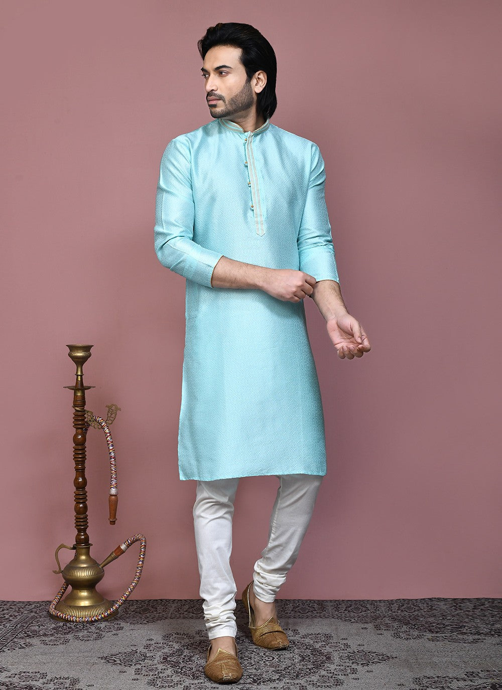 Resham Art Silk Aqua Blue Kurta Pyjama - M7870