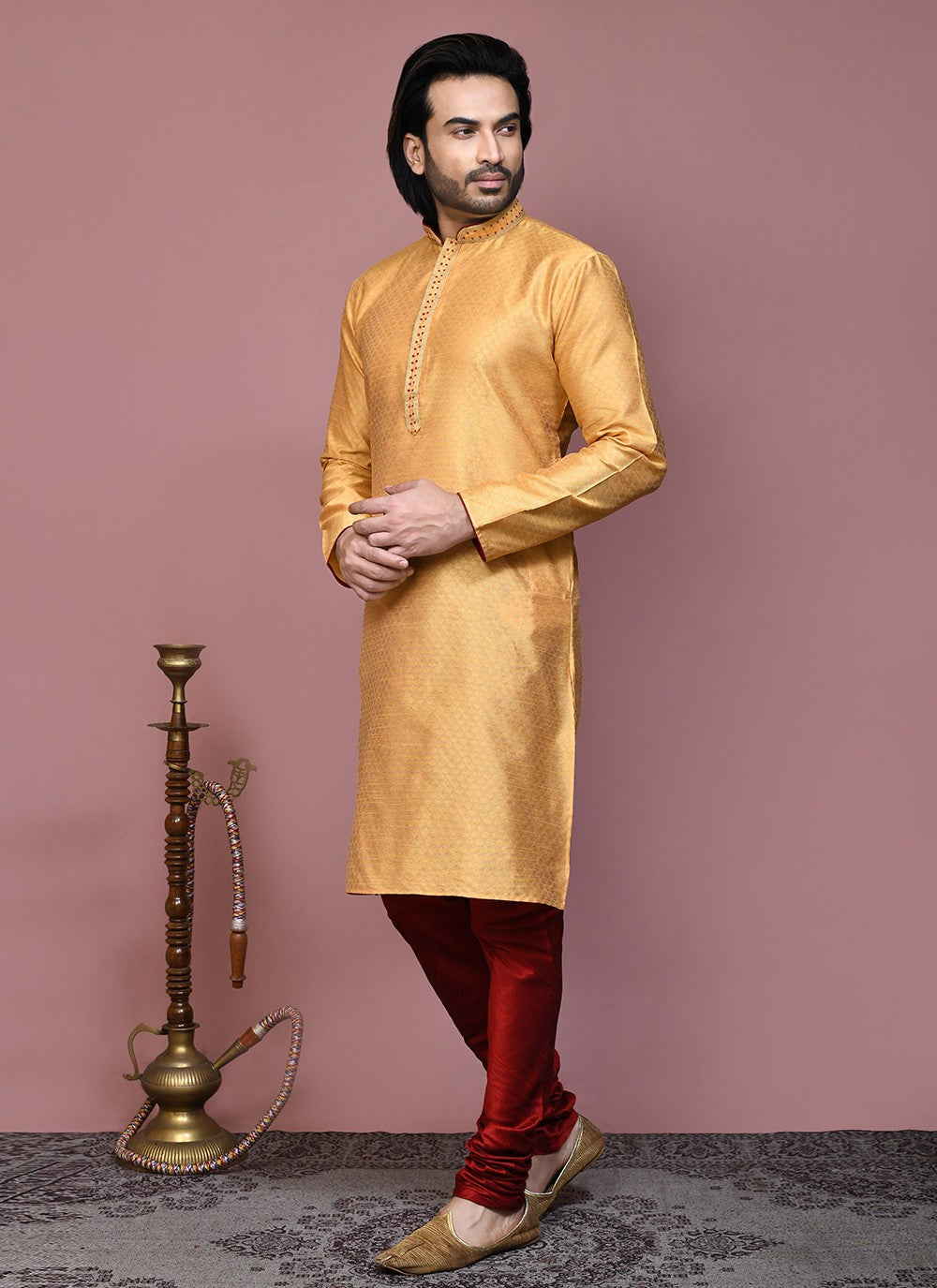 Resham Art Silk Gold Kurta Pyjama - M7896