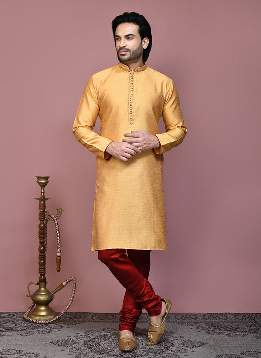 Resham Art Silk Gold Kurta Pyjama - M7896