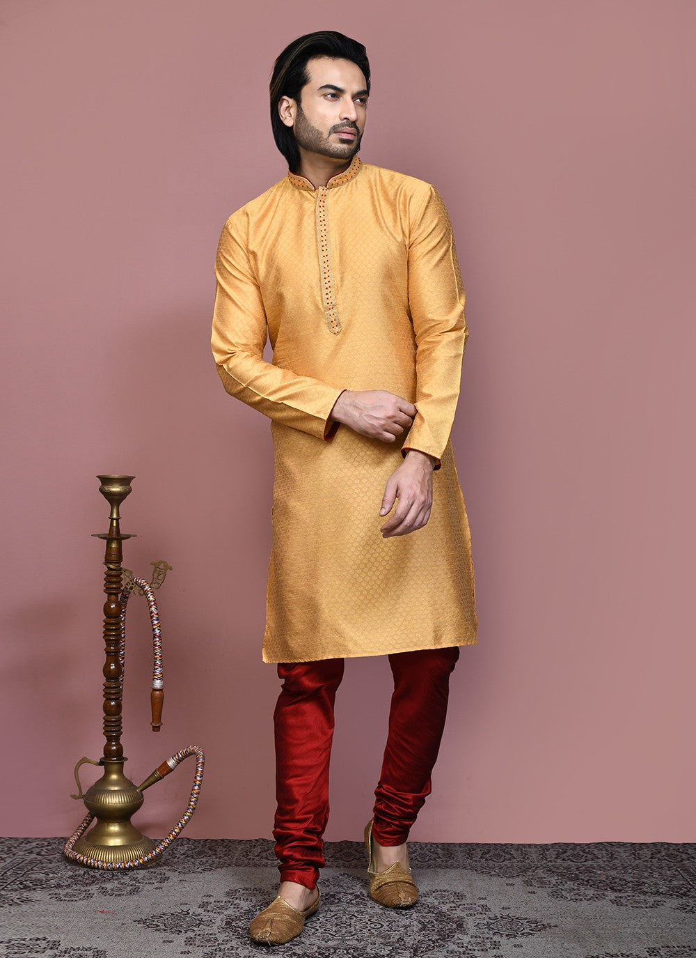 Resham Art Silk Gold Kurta Pyjama - M7896