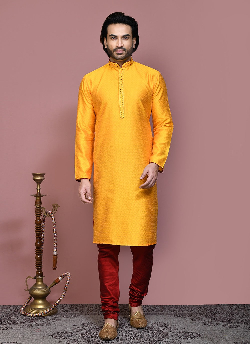 Resham Art Silk Yellow Kurta Pyjama - M7897