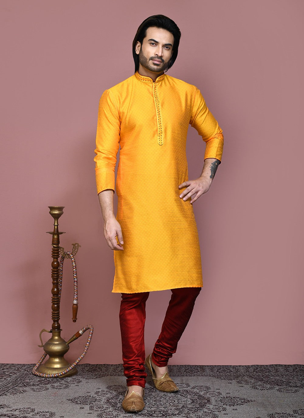 Resham Art Silk Yellow Kurta Pyjama - M7897