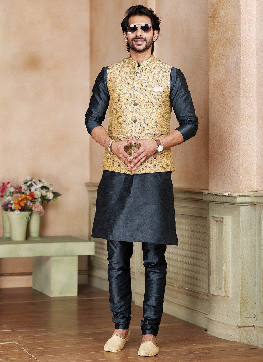 Embroidered Banarasi Jacquard Beige, Grey Kurta Payjama With Jacket - M5240