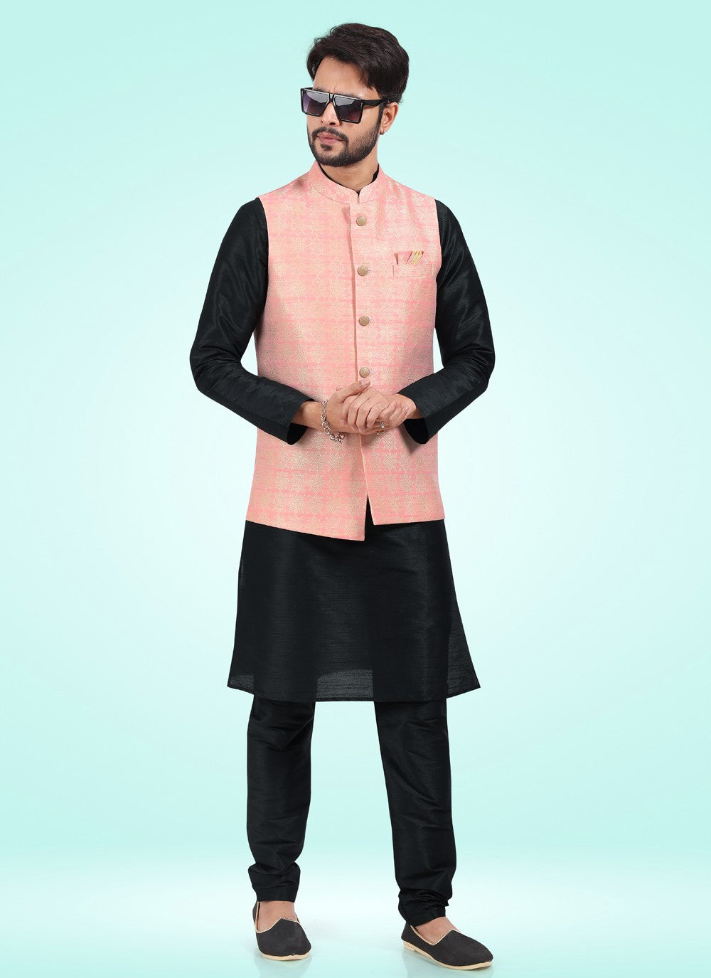 Fancy Work Banarasi Jacquard Black, Pink Kurta Payjama With Jacket - M4597