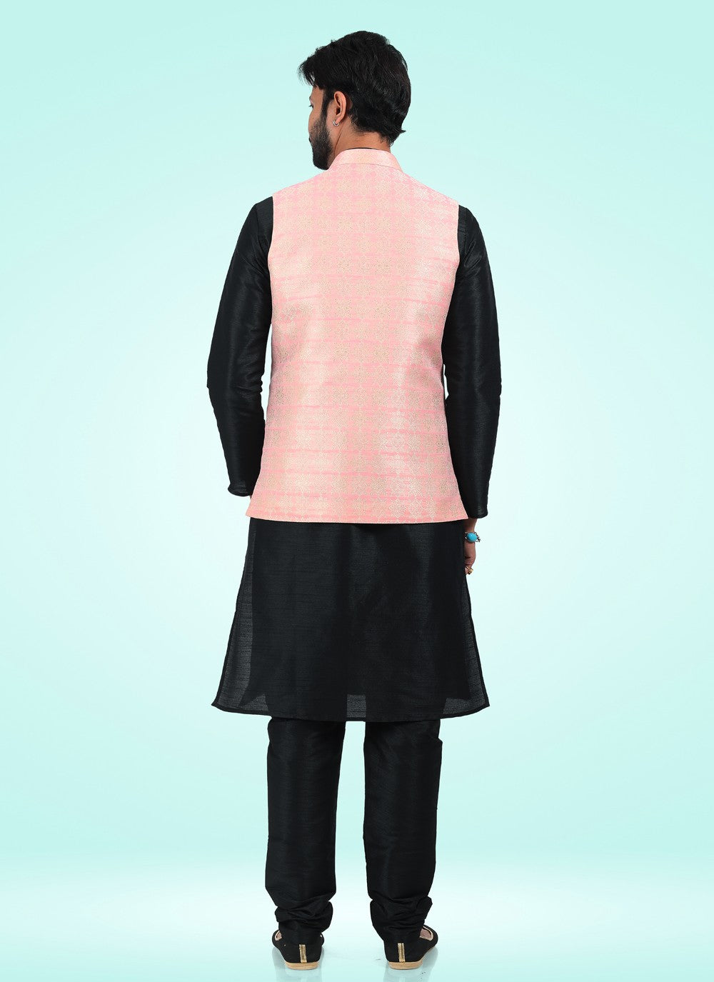 Fancy Work Banarasi Jacquard Black, Pink Kurta Payjama With Jacket - M4597