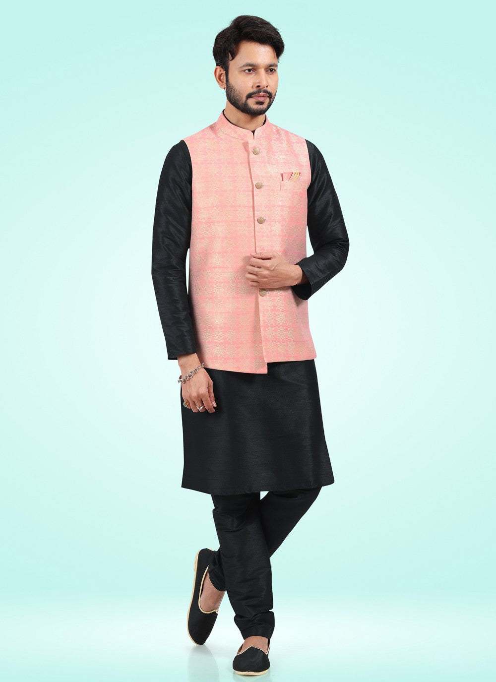 Fancy Work Banarasi Jacquard Black, Pink Kurta Payjama With Jacket - M4597