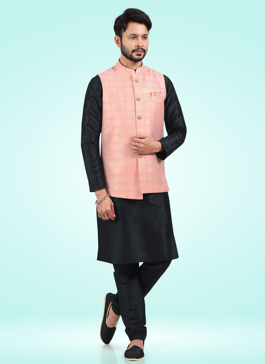 Fancy Work Banarasi Jacquard Black, Pink Kurta Payjama With Jacket - M4597